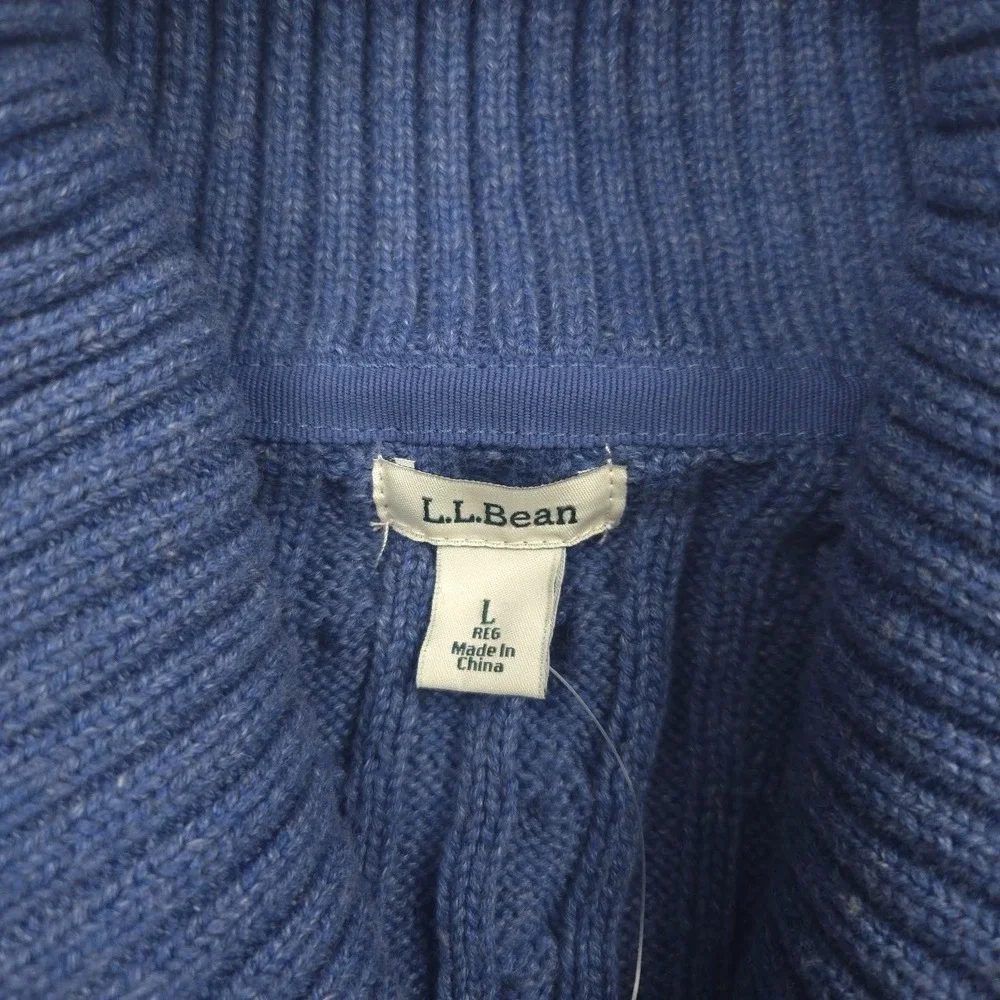 L.L.Bean Double L Sweater Women L Cotton Cable Knit Shawl Collar Blue NWT